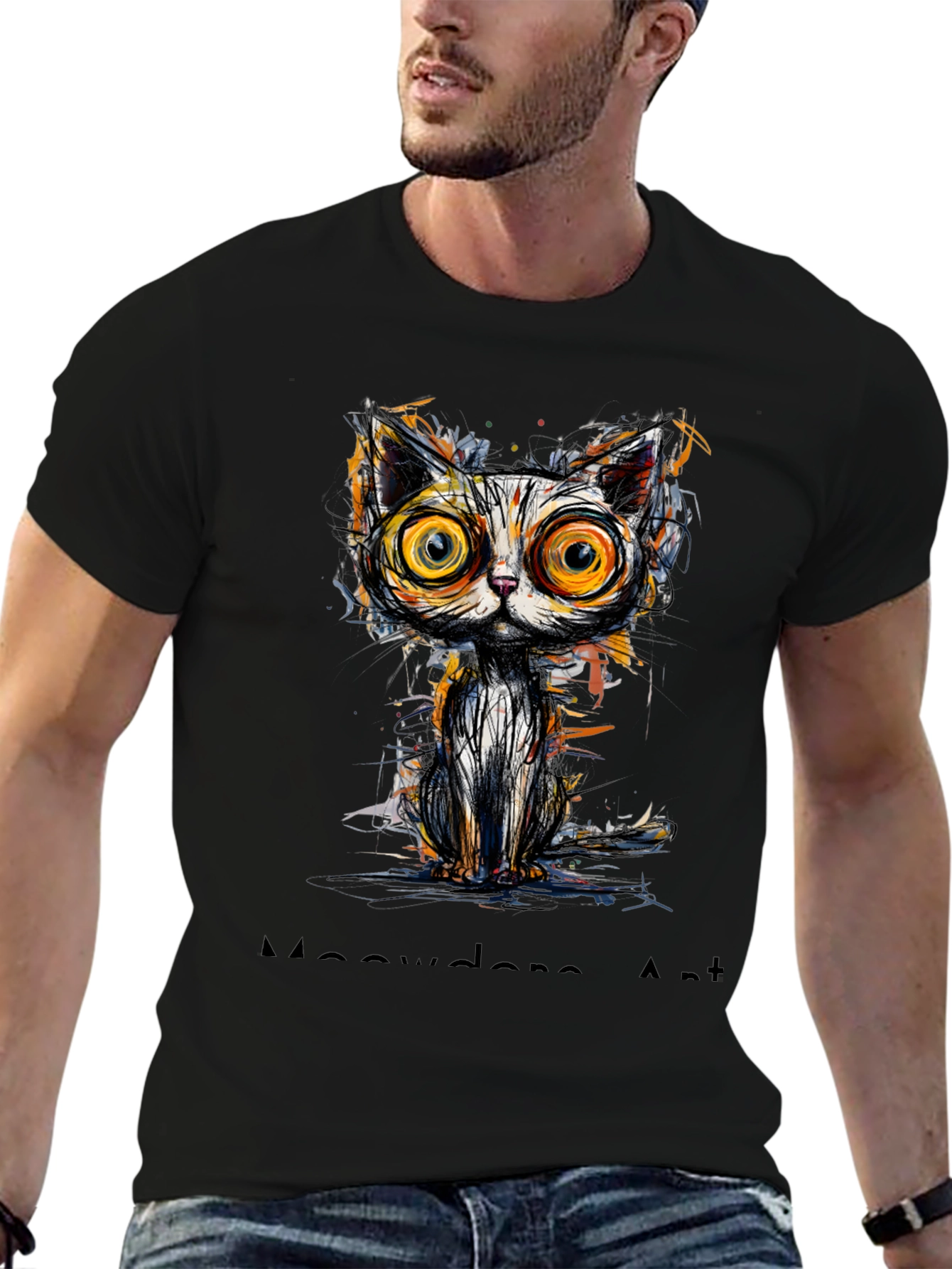 Abstract Cat Graphic Print Black T-Shirt