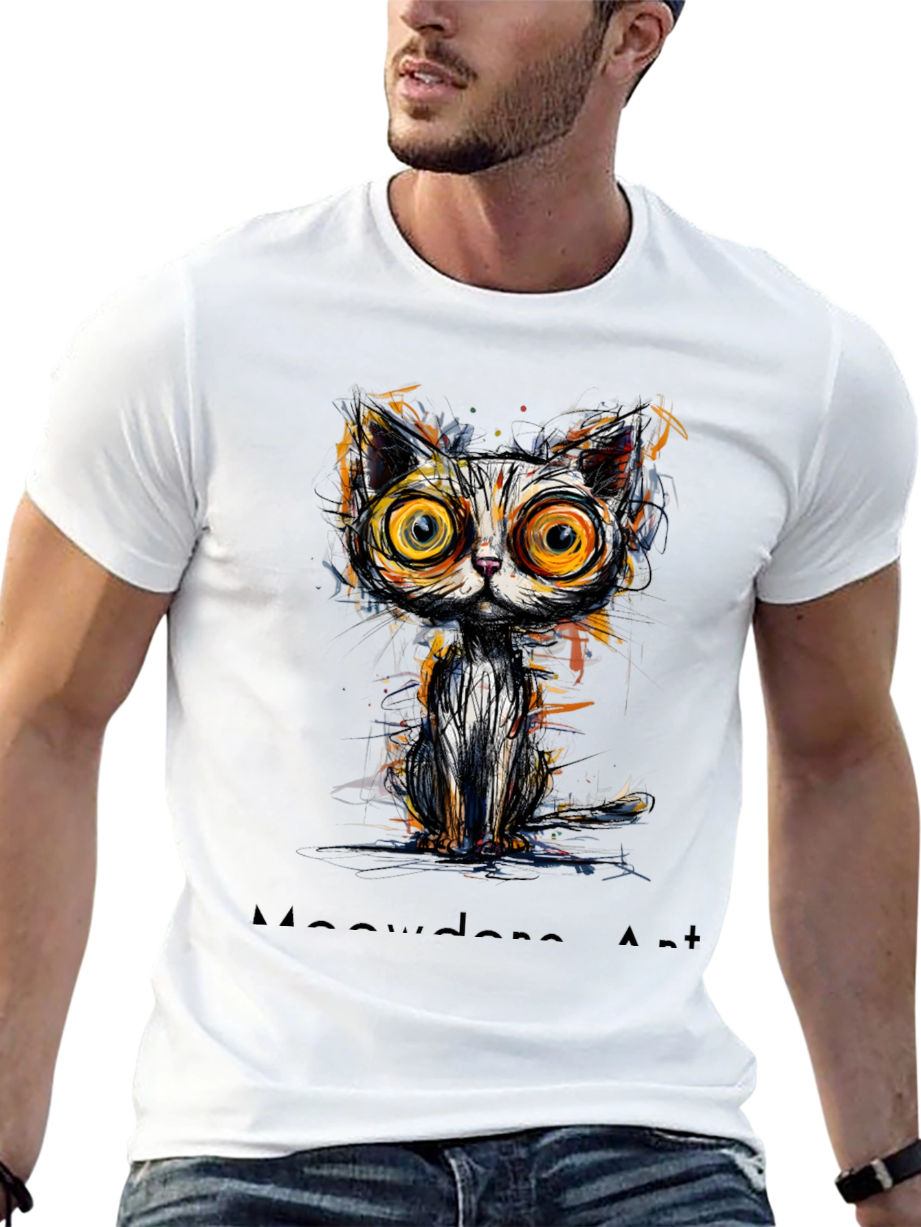 Abstract Cat Graphic Print Black T-Shirt