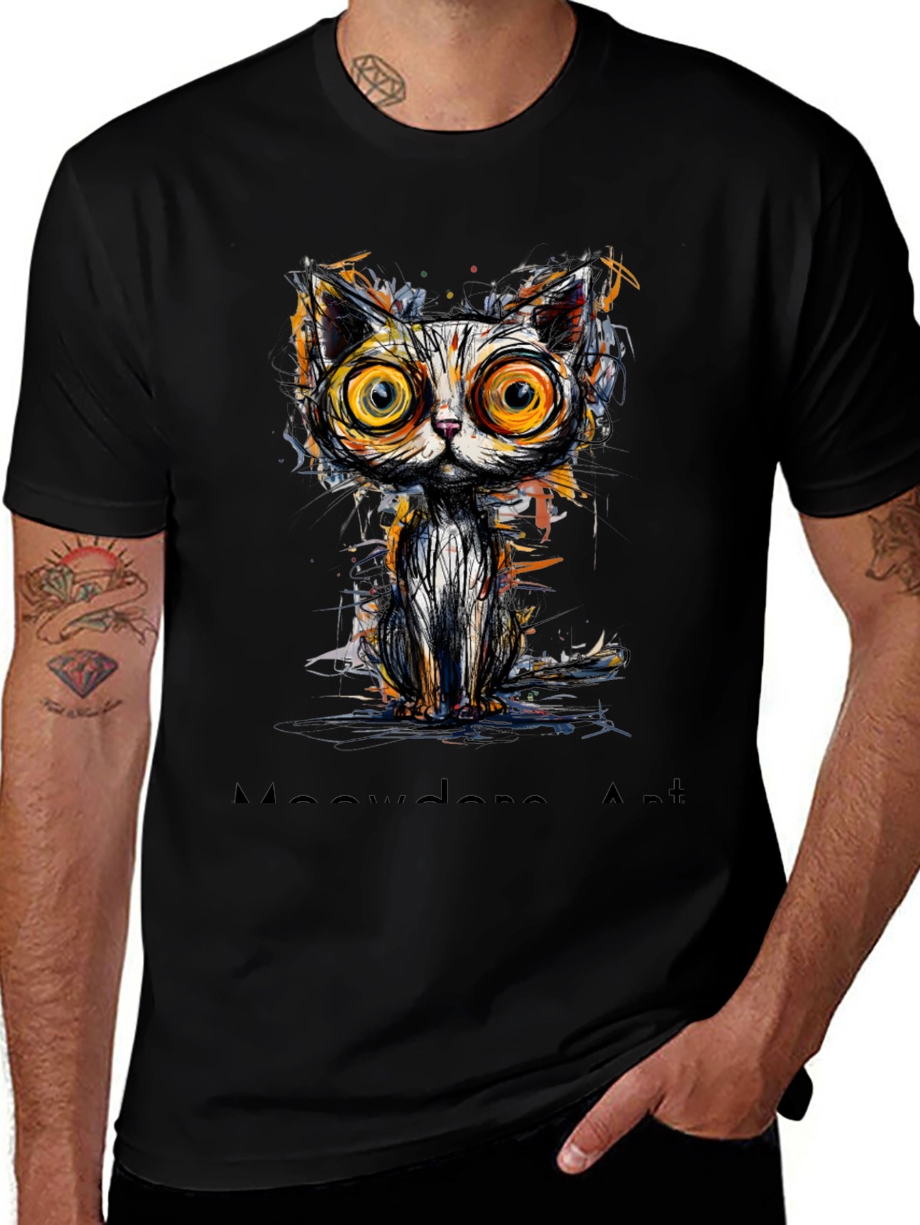 Abstract Cat Graphic Print Black T-Shirt