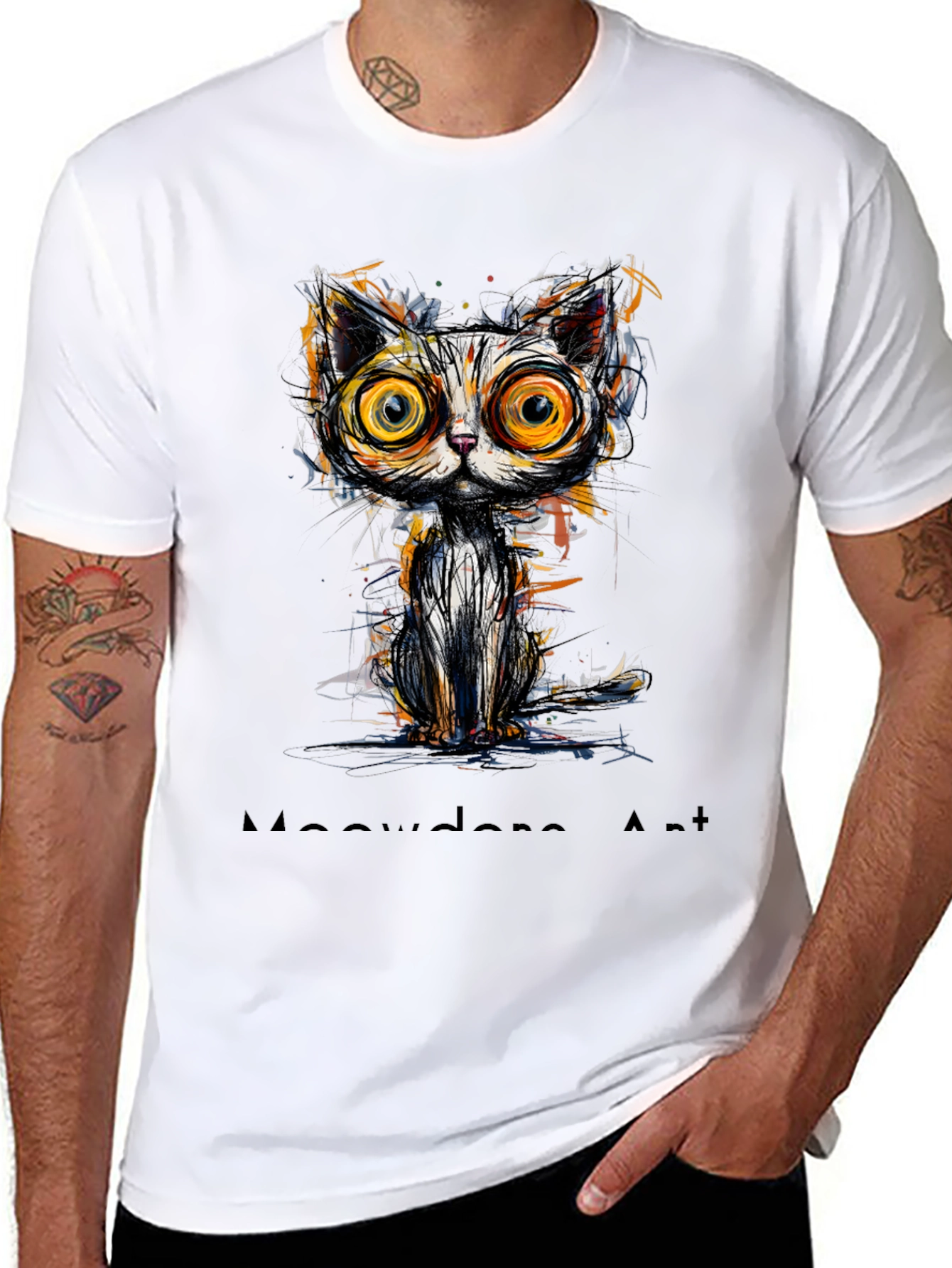 Abstract Cat Graphic Print Black T-Shirt