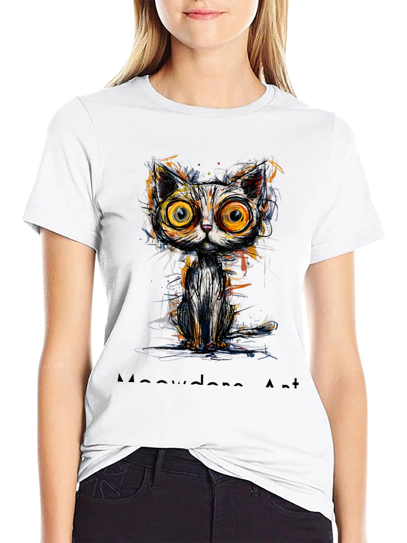Abstract Cat Graphic Print Black T-Shirt