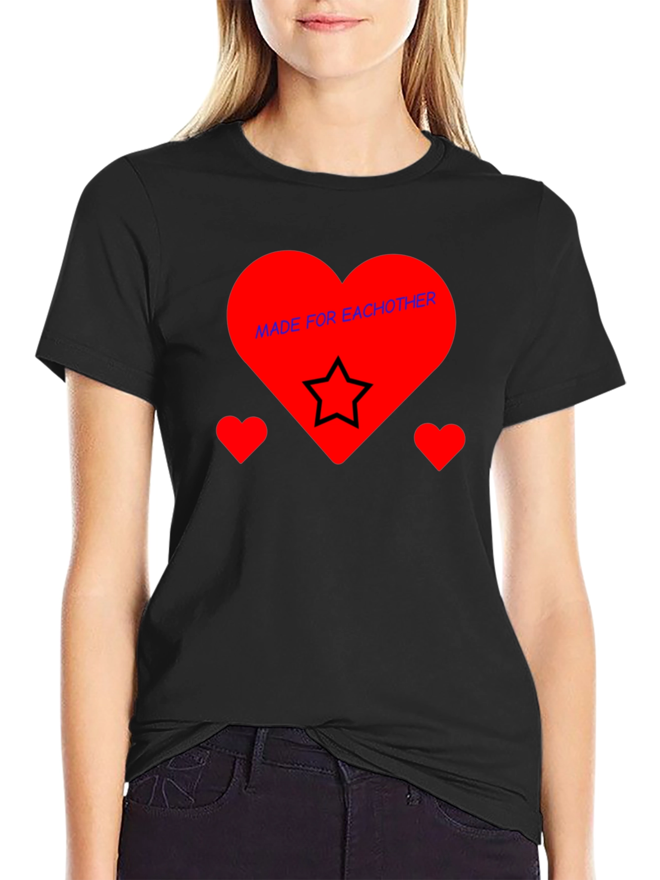 Romantic Heart Star Graphic Black T-Shirt