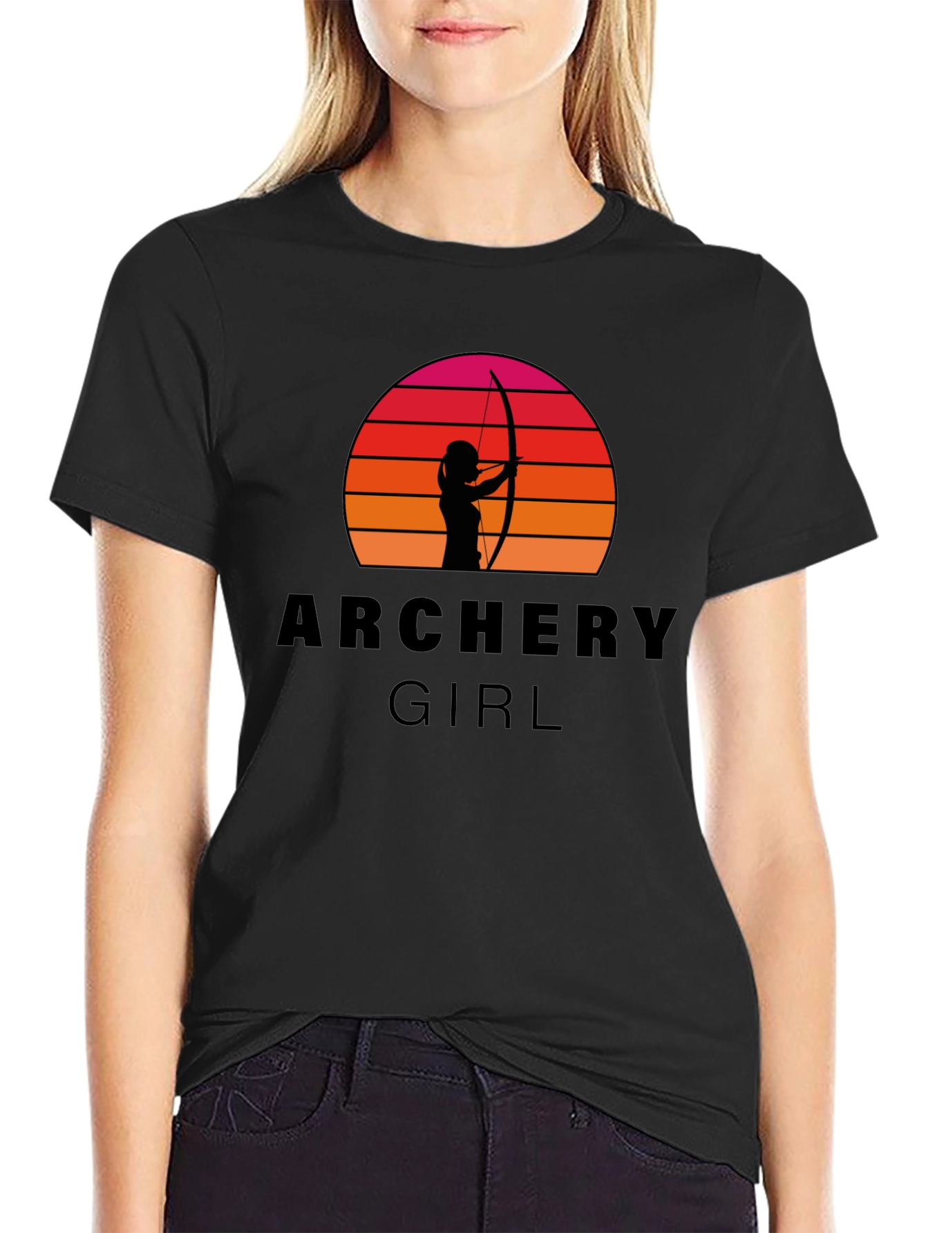 Archery Girl T-Shirt - Sunset Silhouette Bow Hunter Tee