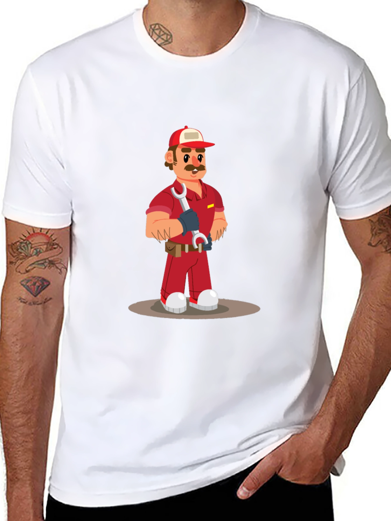 Cartoon Mechanic Graphic Tee - Black Casual T-Shirt