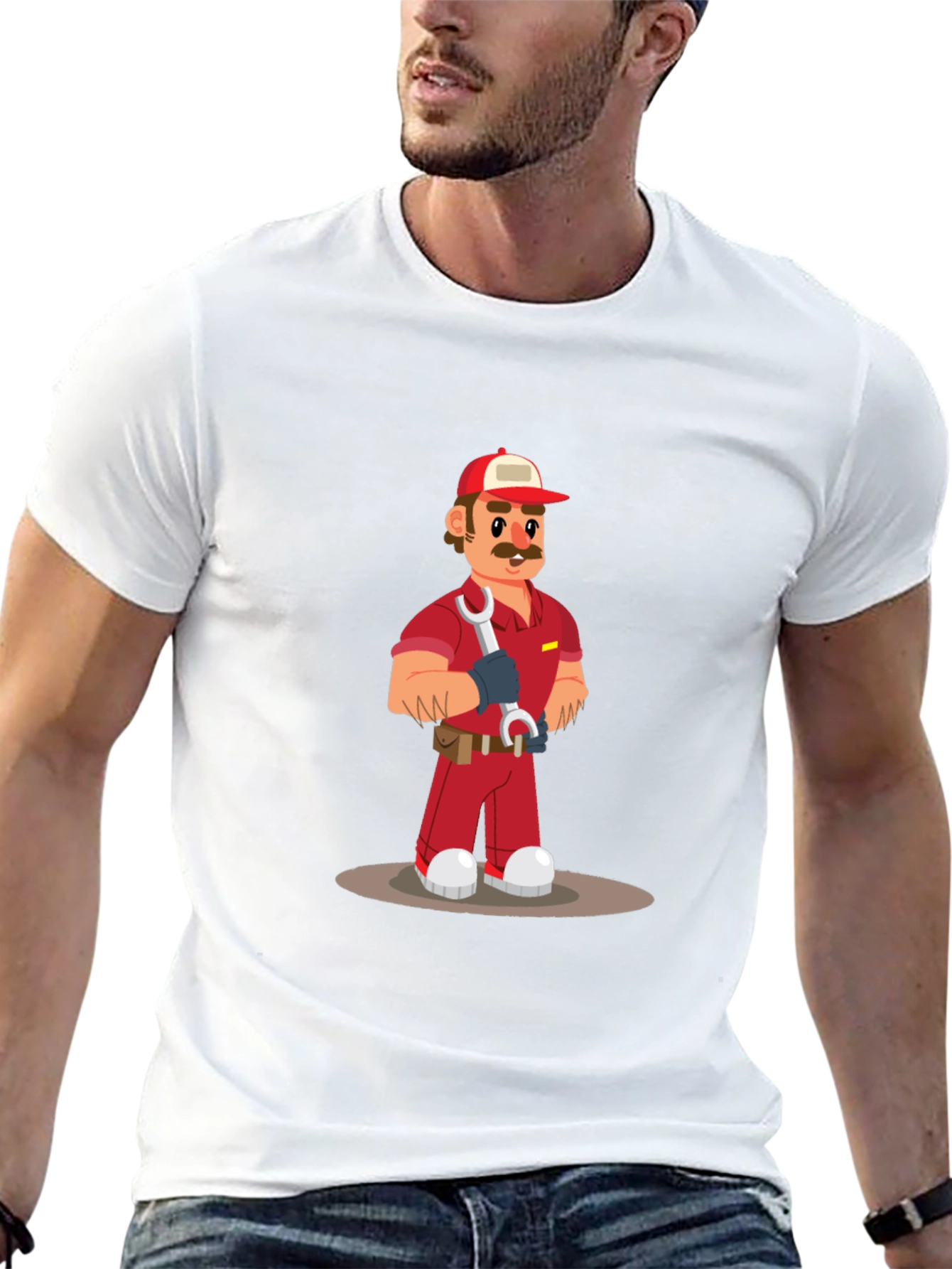 Cartoon Mechanic Graphic Tee - Black Casual T-Shirt