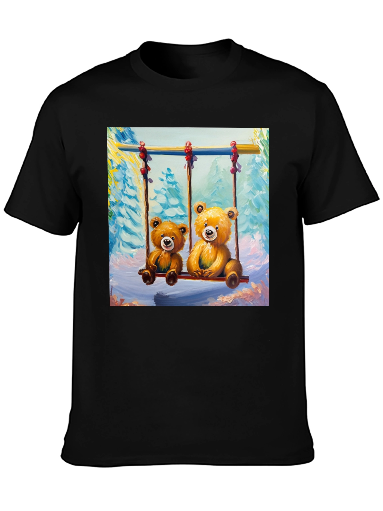 Teddy Bear Swing Graphic Tee - Black Cotton T-Shirt
