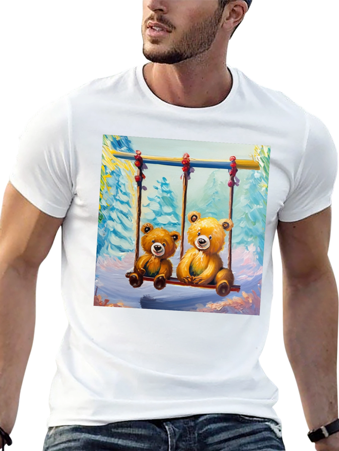 Teddy Bear Swing Graphic Tee - Black Cotton T-Shirt