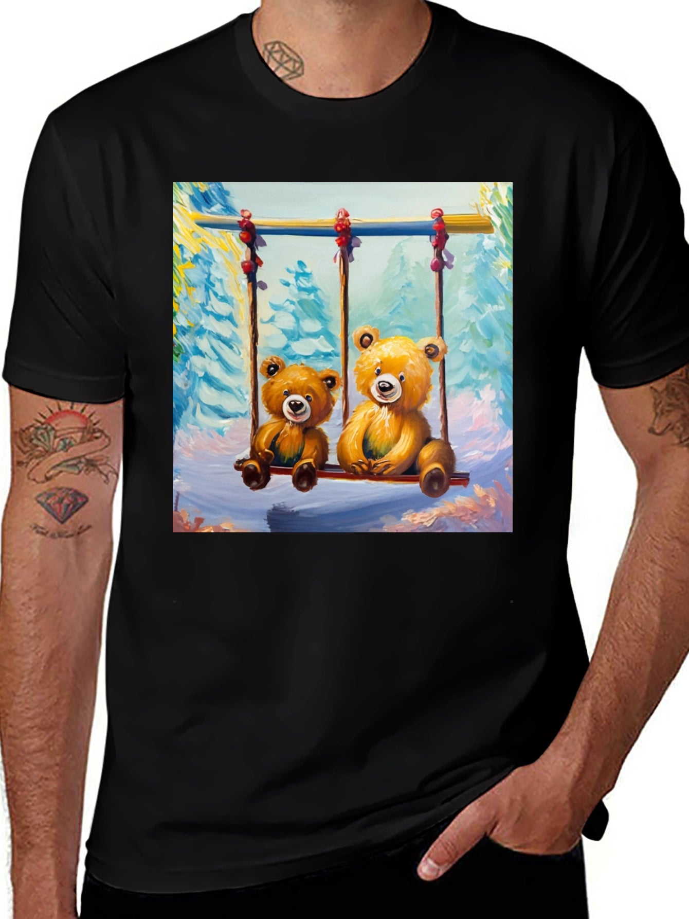 Teddy Bear Swing Graphic Tee - Black Cotton T-Shirt