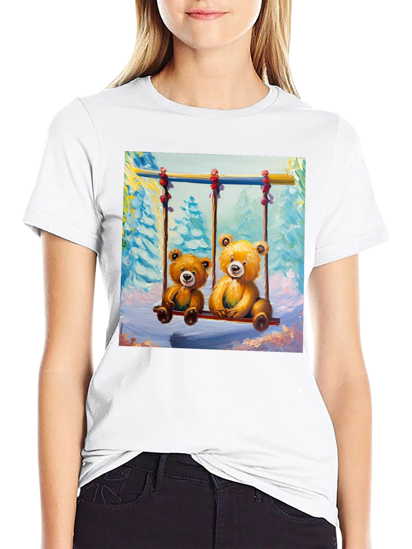 Teddy Bear Swing Graphic Tee - Black Cotton T-Shirt