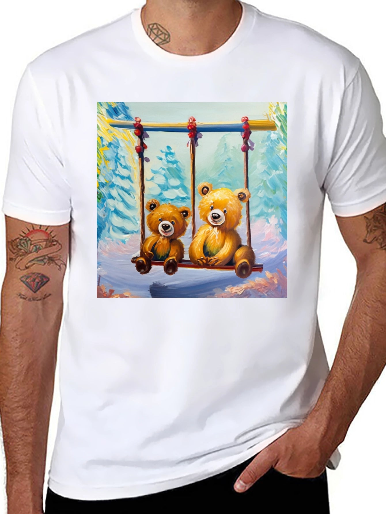 Teddy Bear Swing Graphic Tee - Black Cotton T-Shirt