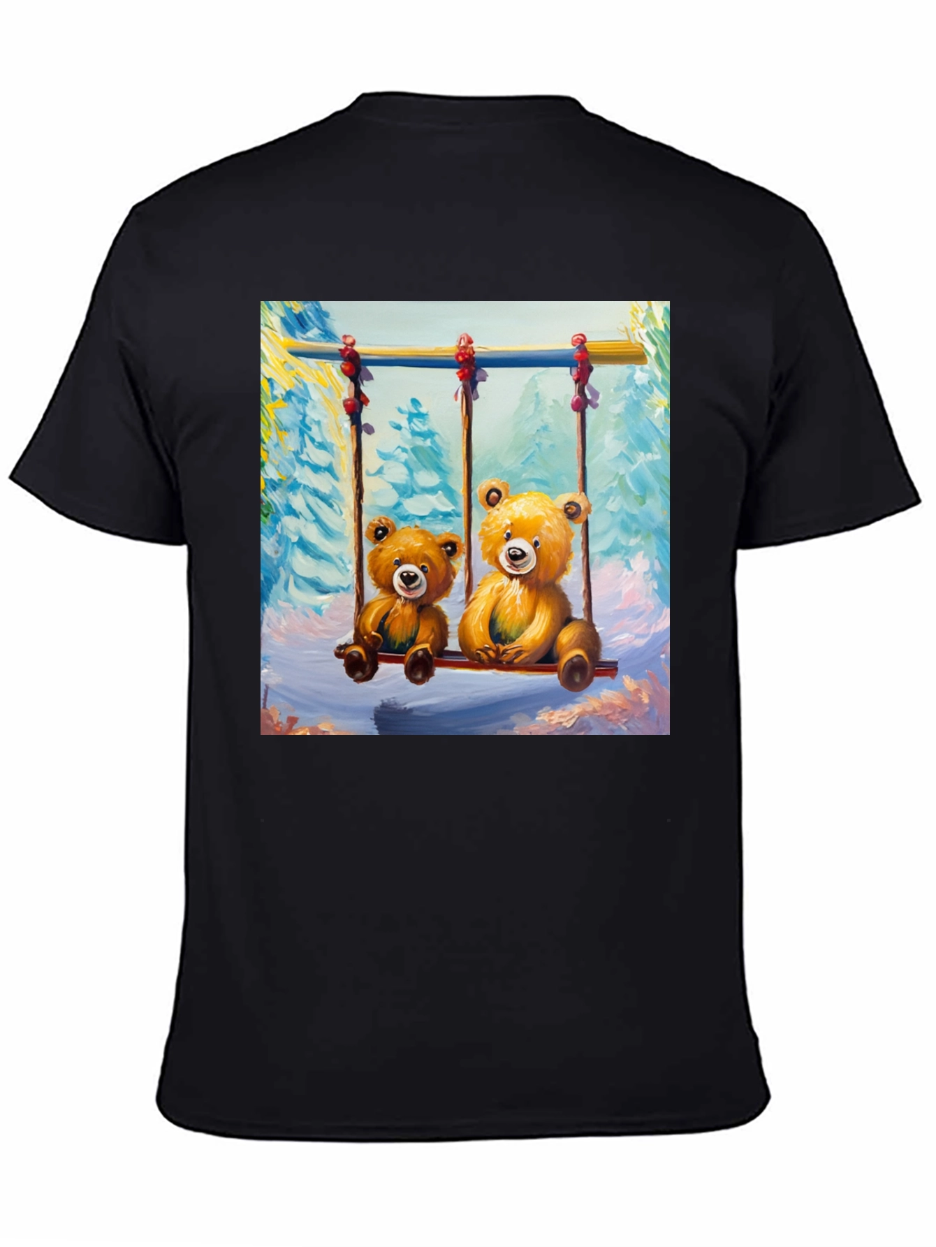 Teddy Bear Swing Graphic Tee - Black Cotton T-Shirt