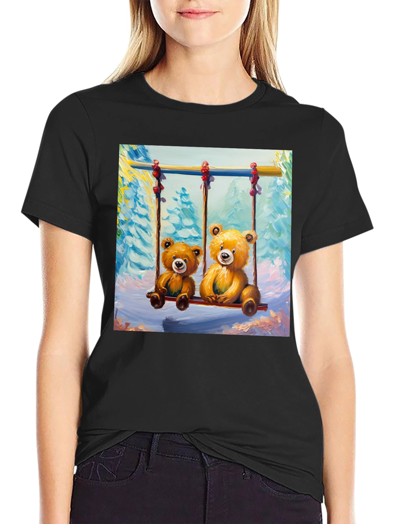 Teddy Bear Swing Graphic Tee - Black Cotton T-Shirt