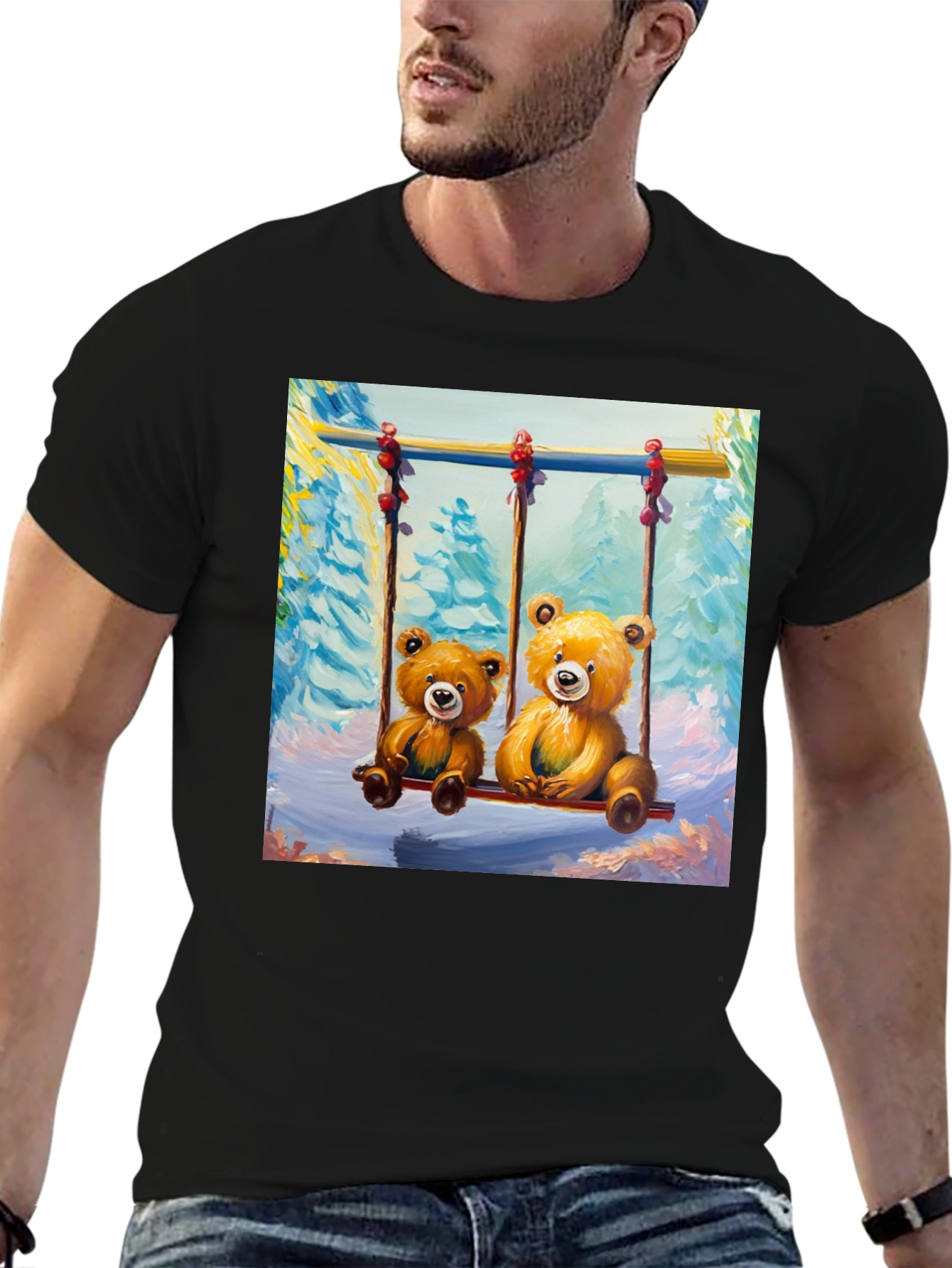Teddy Bear Swing Graphic Tee - Black Cotton T-Shirt
