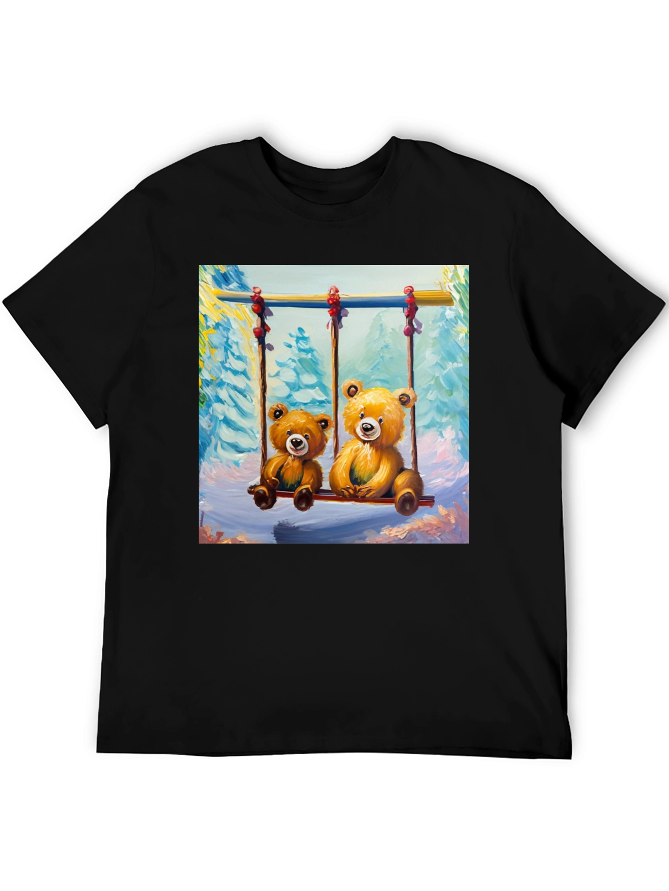 Teddy Bear Swing Graphic Tee - Black Cotton T-Shirt