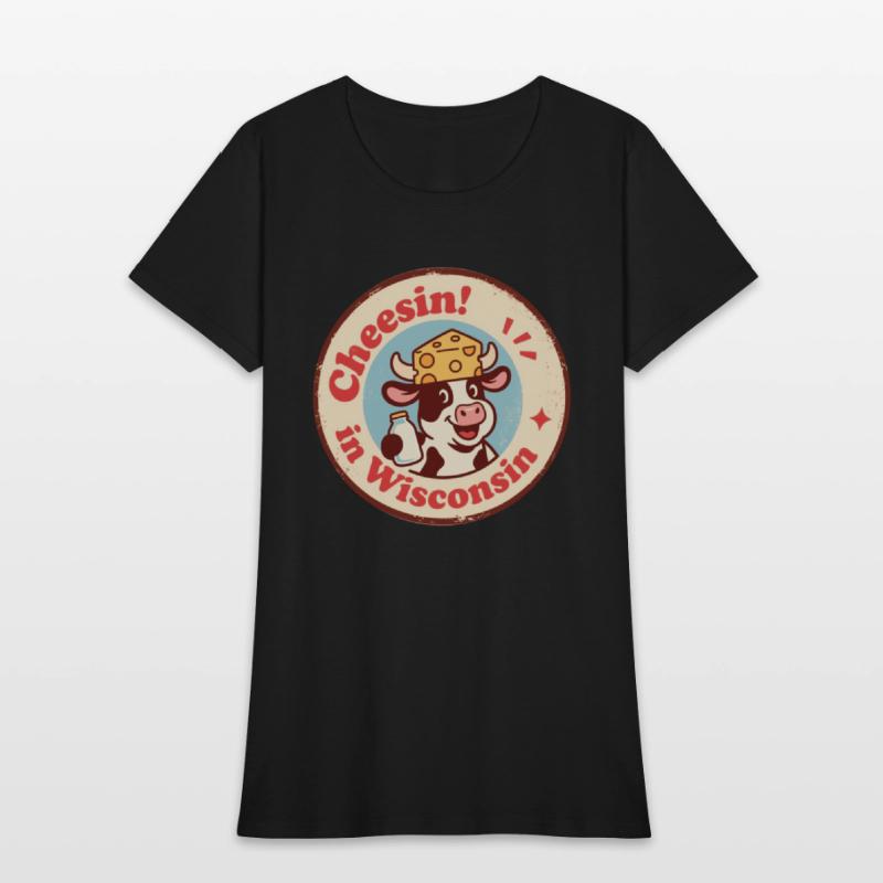 Retro Wisconsin Badge Cartoon Cow in Cheese Hat