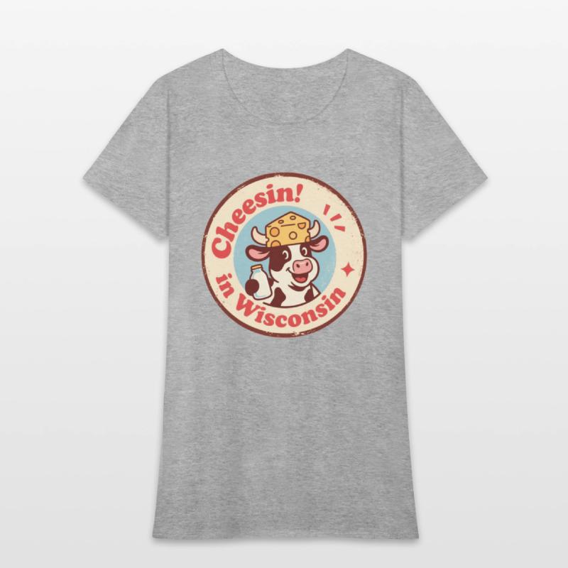 Retro Wisconsin Badge Cartoon Cow in Cheese Hat