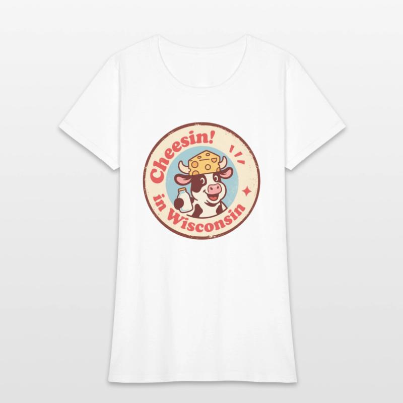 Retro Wisconsin Badge Cartoon Cow in Cheese Hat