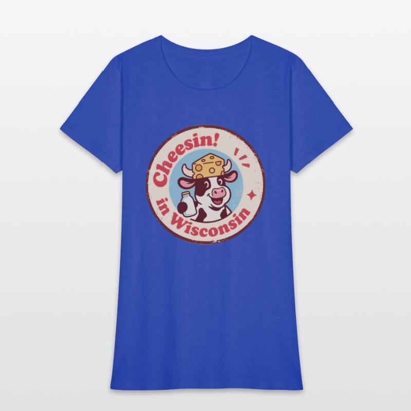 Retro Wisconsin Badge Cartoon Cow in Cheese Hat
