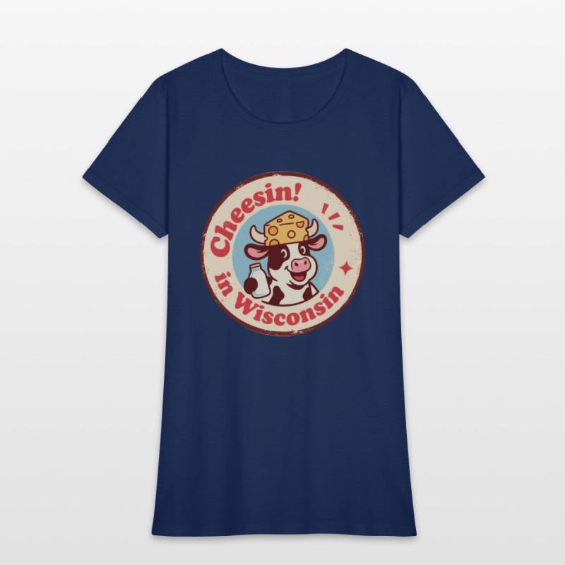 Retro Wisconsin Badge Cartoon Cow in Cheese Hat