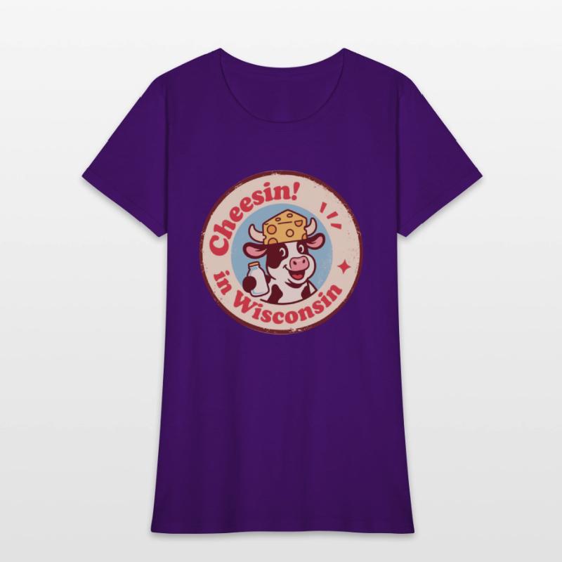 Retro Wisconsin Badge Cartoon Cow in Cheese Hat