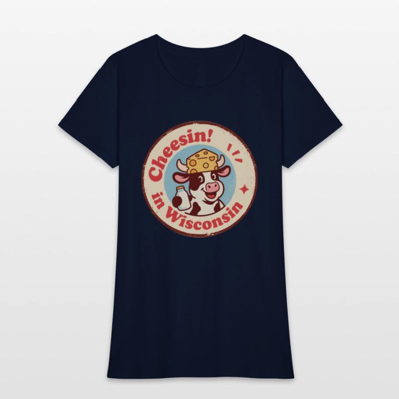 Retro Wisconsin Badge Cartoon Cow in Cheese Hat