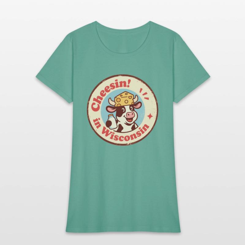 Retro Wisconsin Badge Cartoon Cow in Cheese Hat