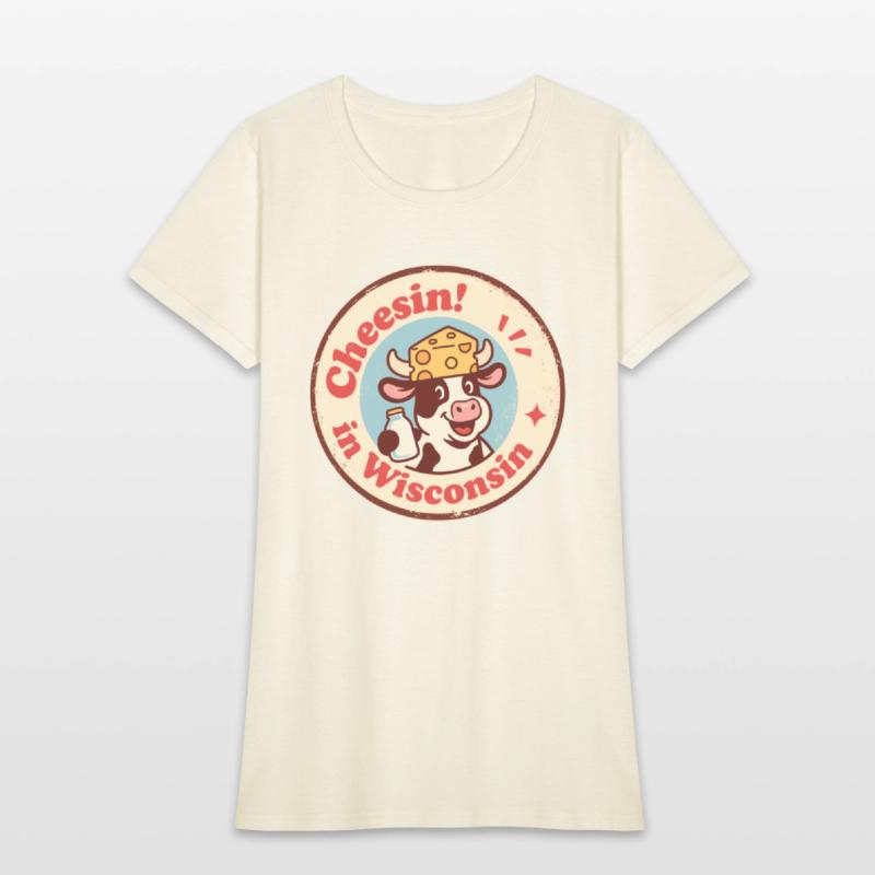 Retro Wisconsin Badge Cartoon Cow in Cheese Hat