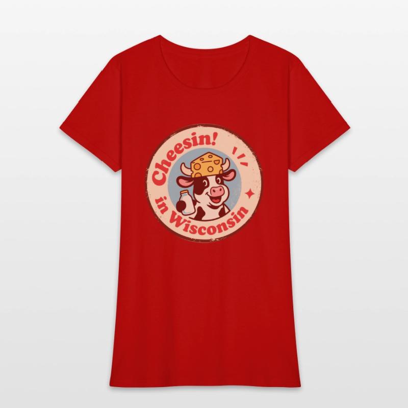 Retro Wisconsin Badge Cartoon Cow in Cheese Hat