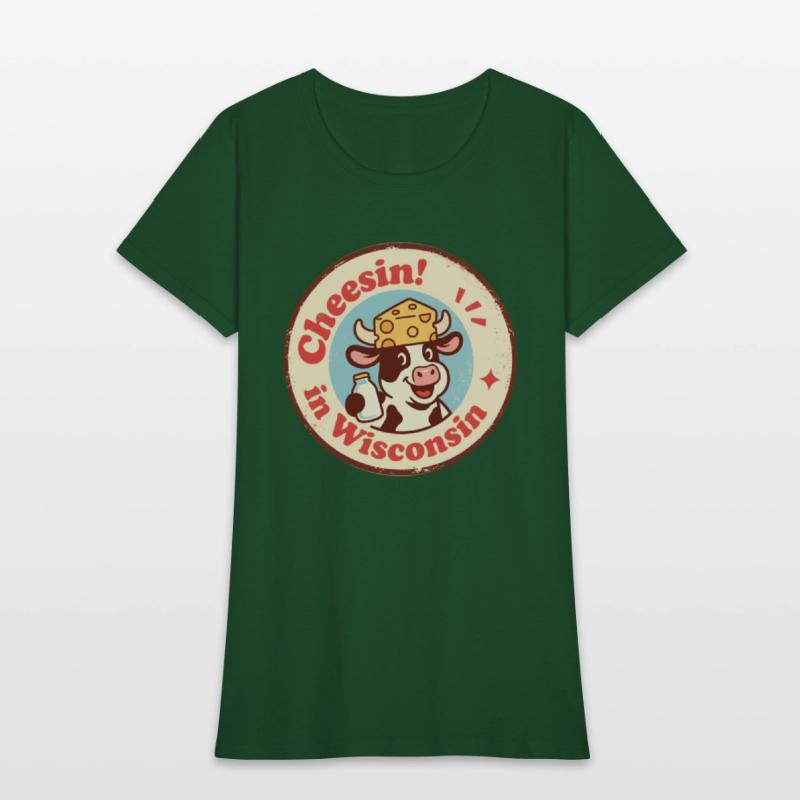 Retro Wisconsin Badge Cartoon Cow in Cheese Hat