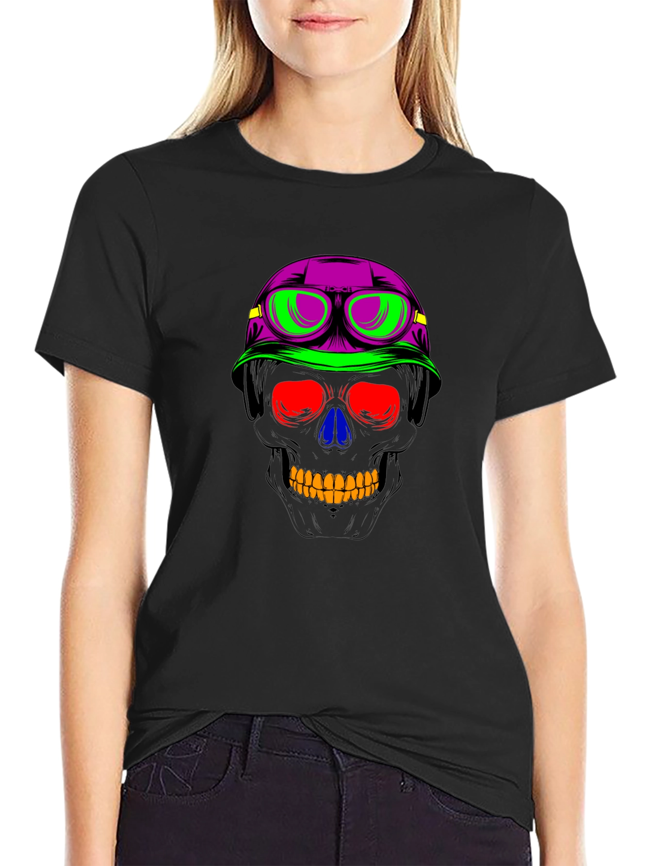Neon Skull Biker Helmet Graphic Tee