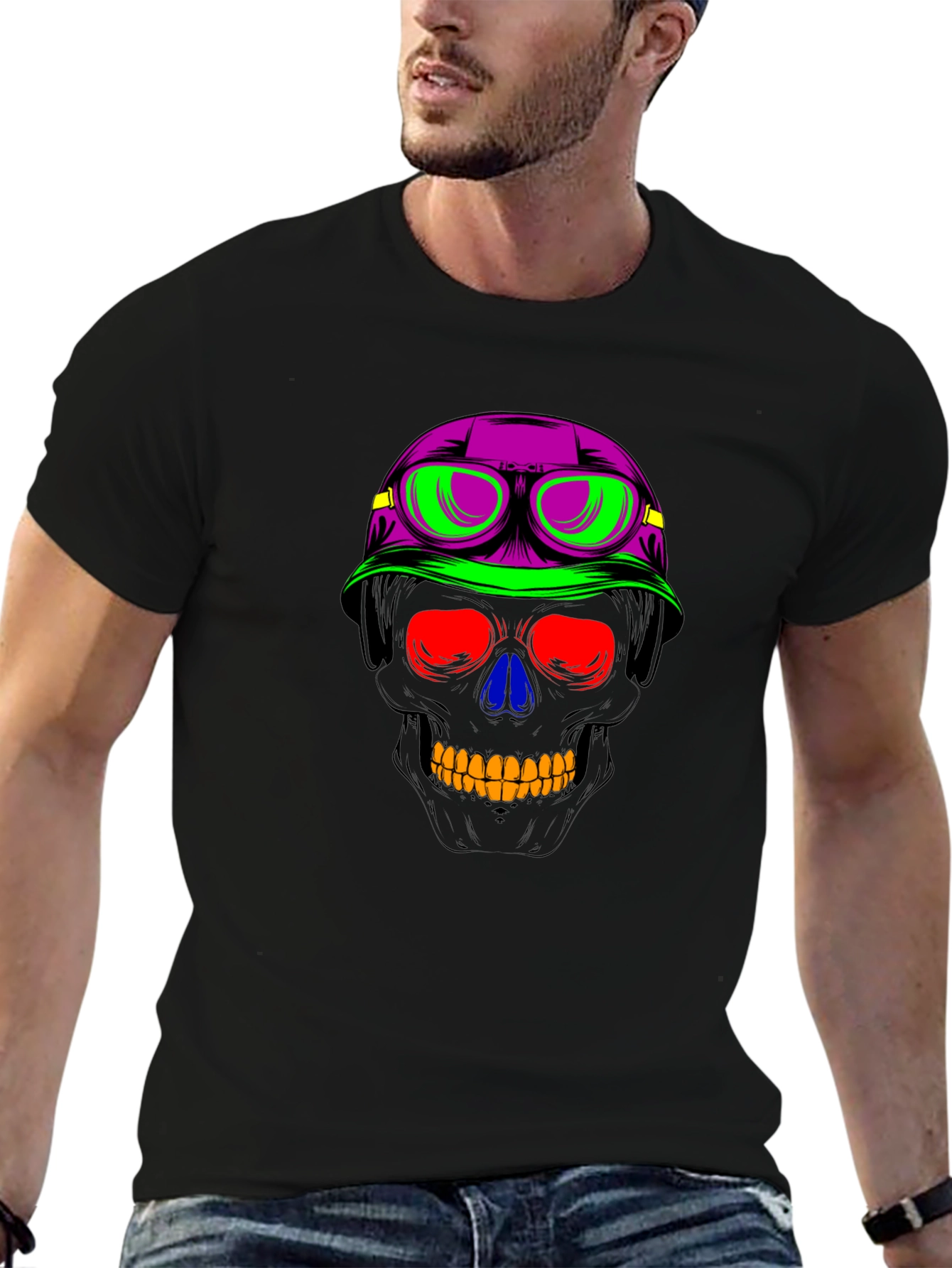 Neon Skull Biker Helmet Graphic Tee