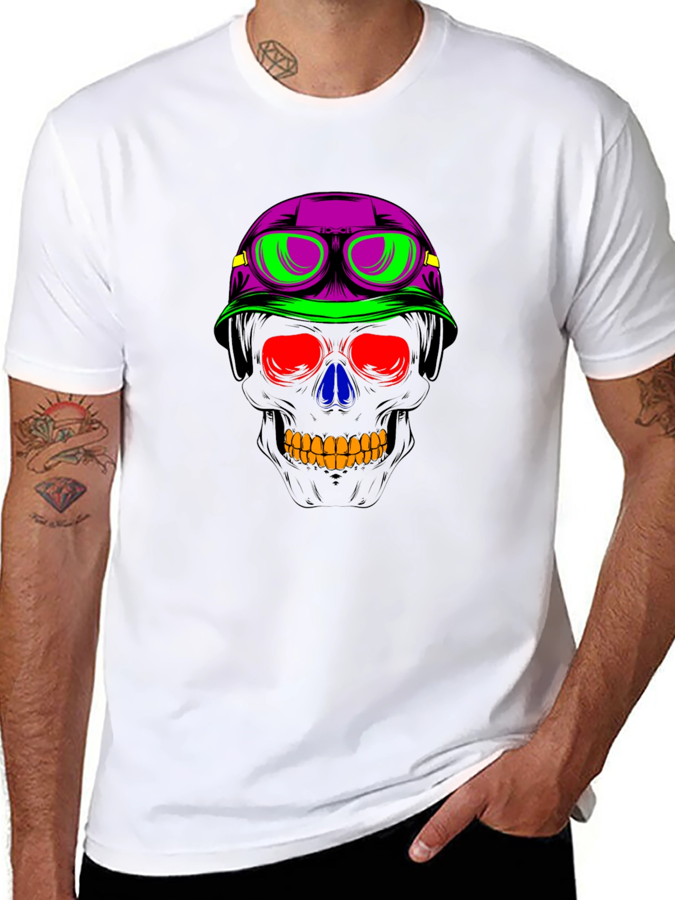 Neon Skull Biker Helmet Graphic Tee