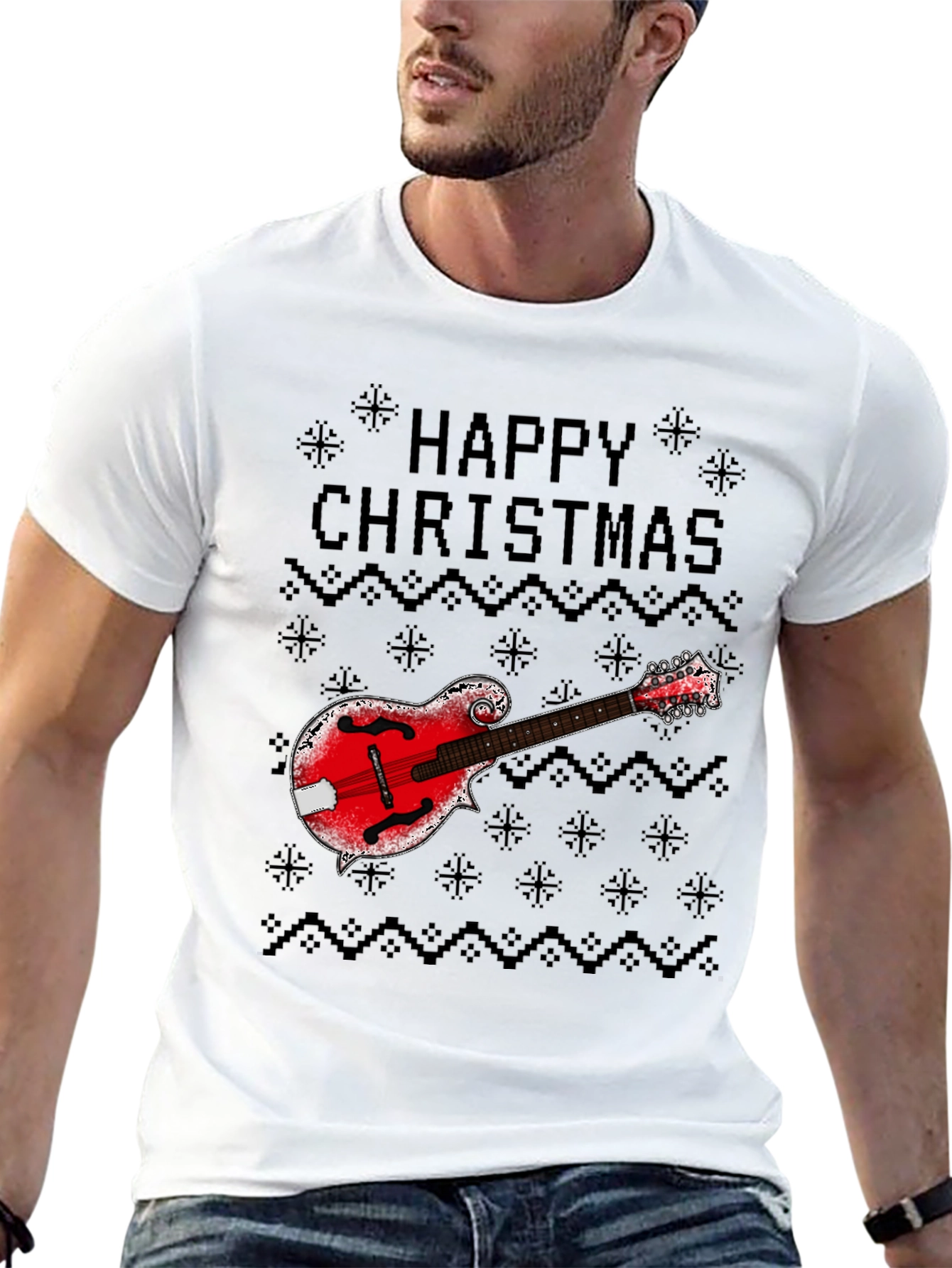 Happy Christmas Mandolin Ugly Sweater Style T-Shirt