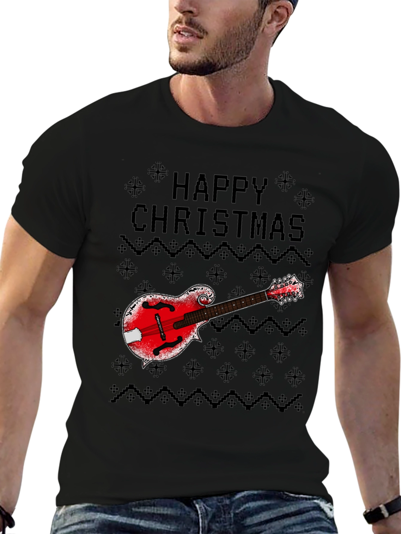 Happy Christmas Mandolin Ugly Sweater Style T-Shirt