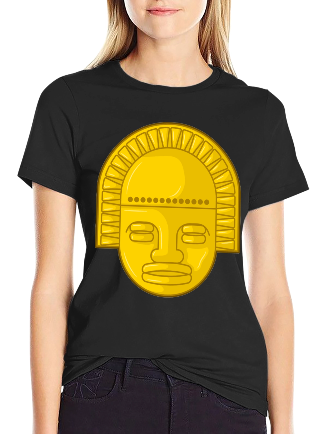 Golden Inca Mask Graphic Tee - Black Cotton T-Shirt