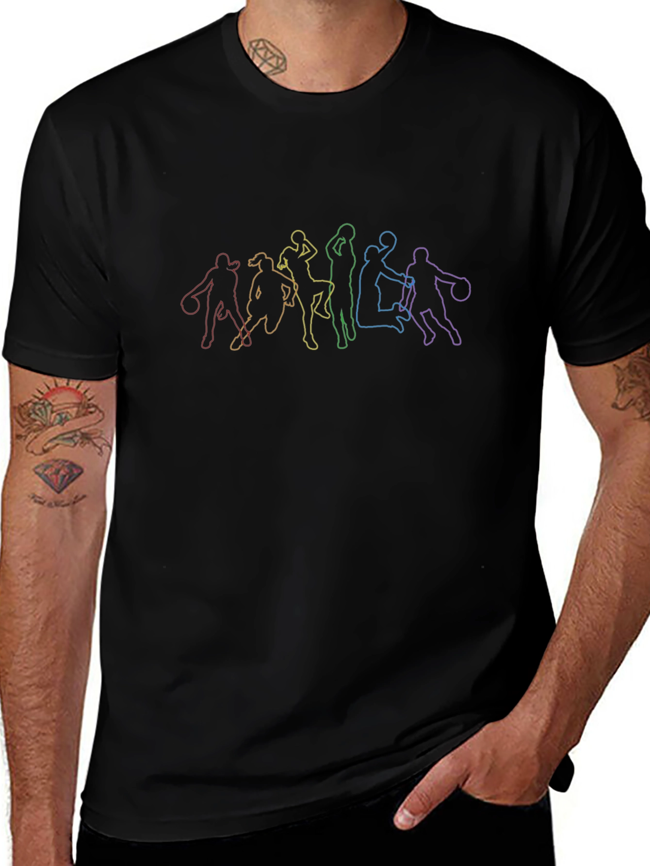 Rainbow Basketball Player Outline Black T-Shirt