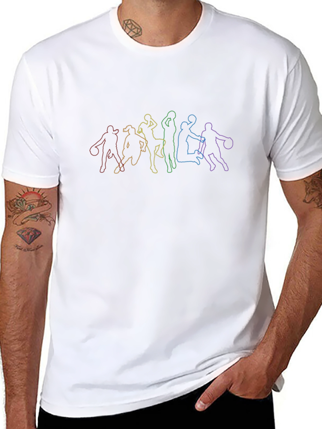 Rainbow Basketball Player Outline Black T-Shirt