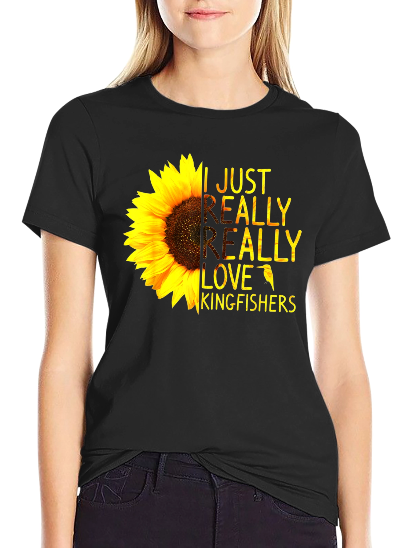 Sunflower Kingfisher T-Shirt - Floral Bird Lover Tee