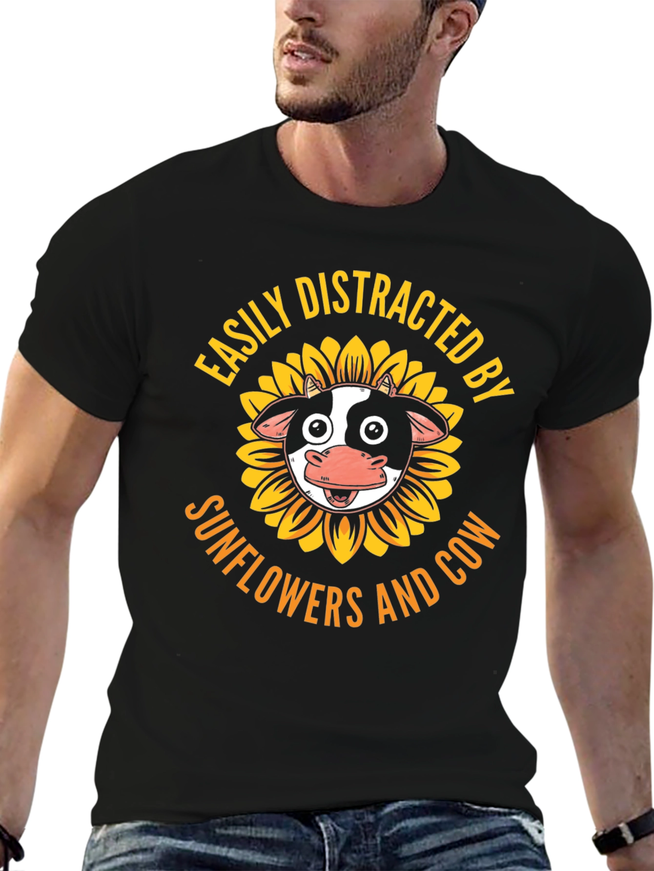 Easily Distracted By Sunflowers and Cow Graphic T-Shirt
