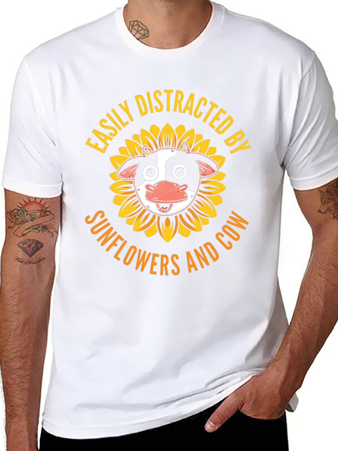 Easily Distracted By Sunflowers and Cow Graphic T-Shirt