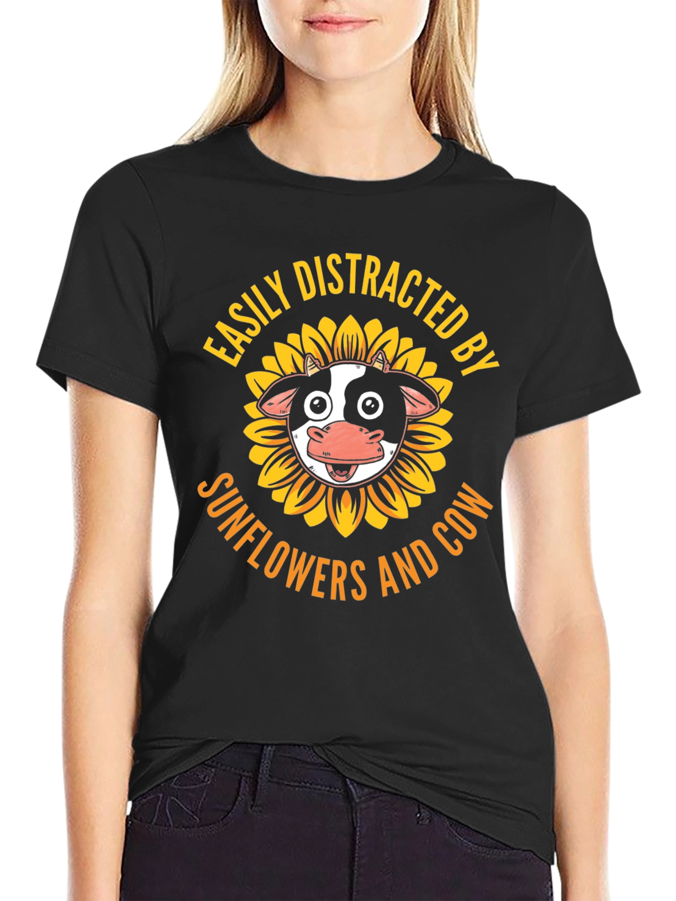 Easily Distracted By Sunflowers and Cow Graphic T-Shirt