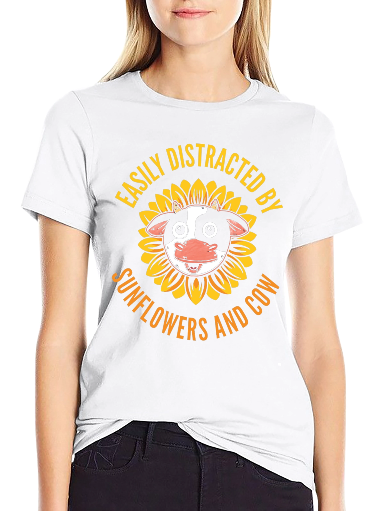 Easily Distracted By Sunflowers and Cow Graphic T-Shirt
