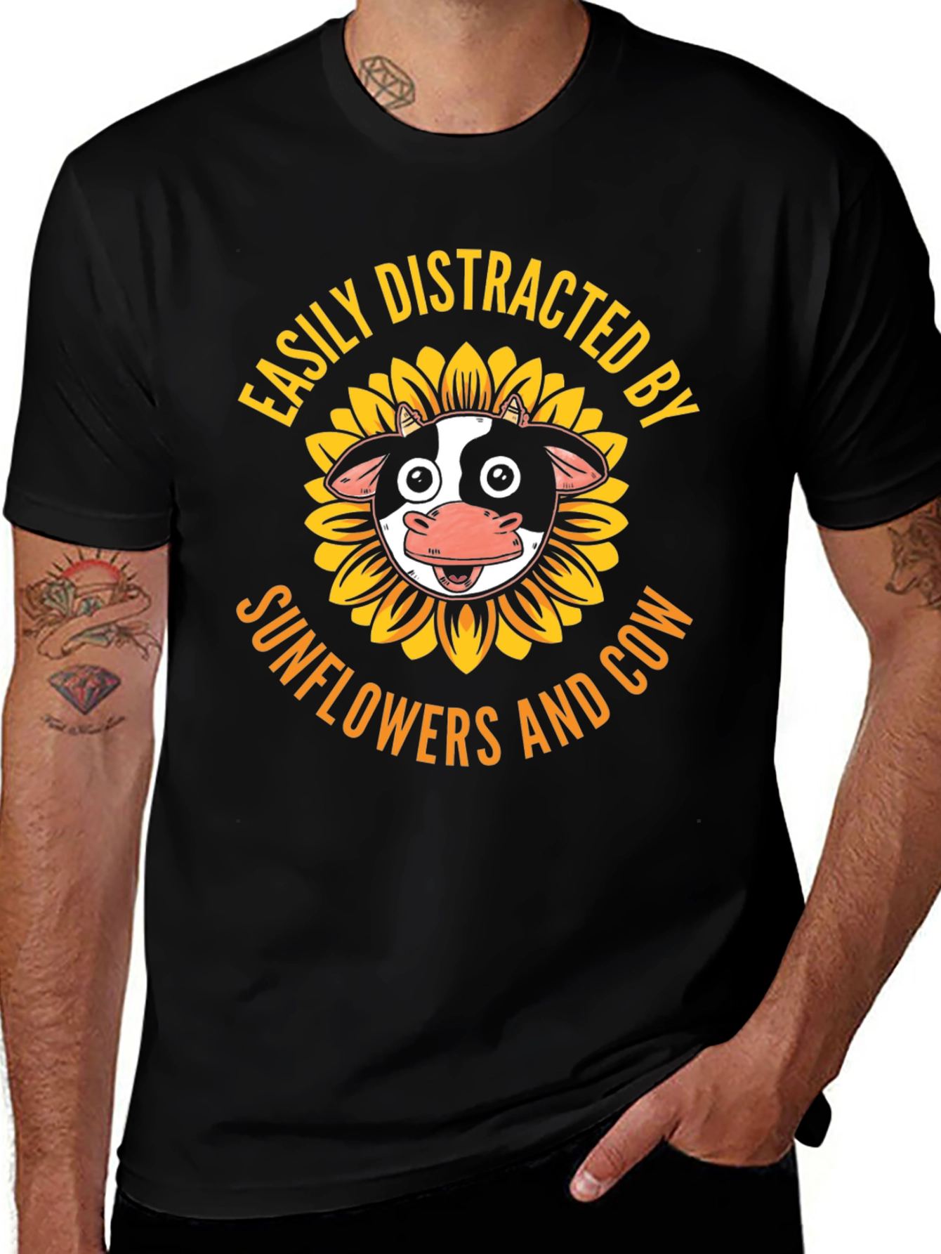 Easily Distracted By Sunflowers and Cow Graphic T-Shirt