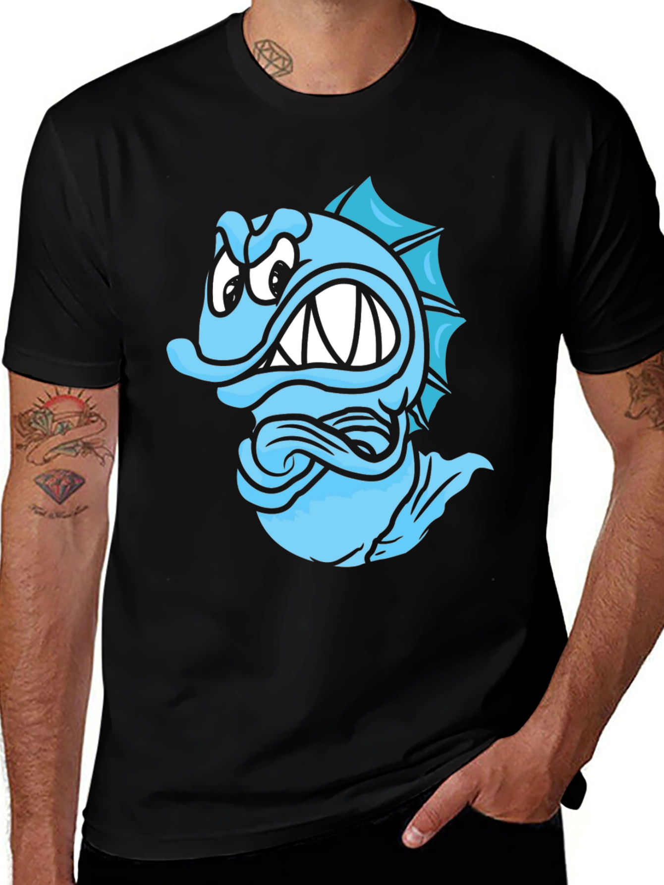 Angry Blue Fish Graphic T-Shirt