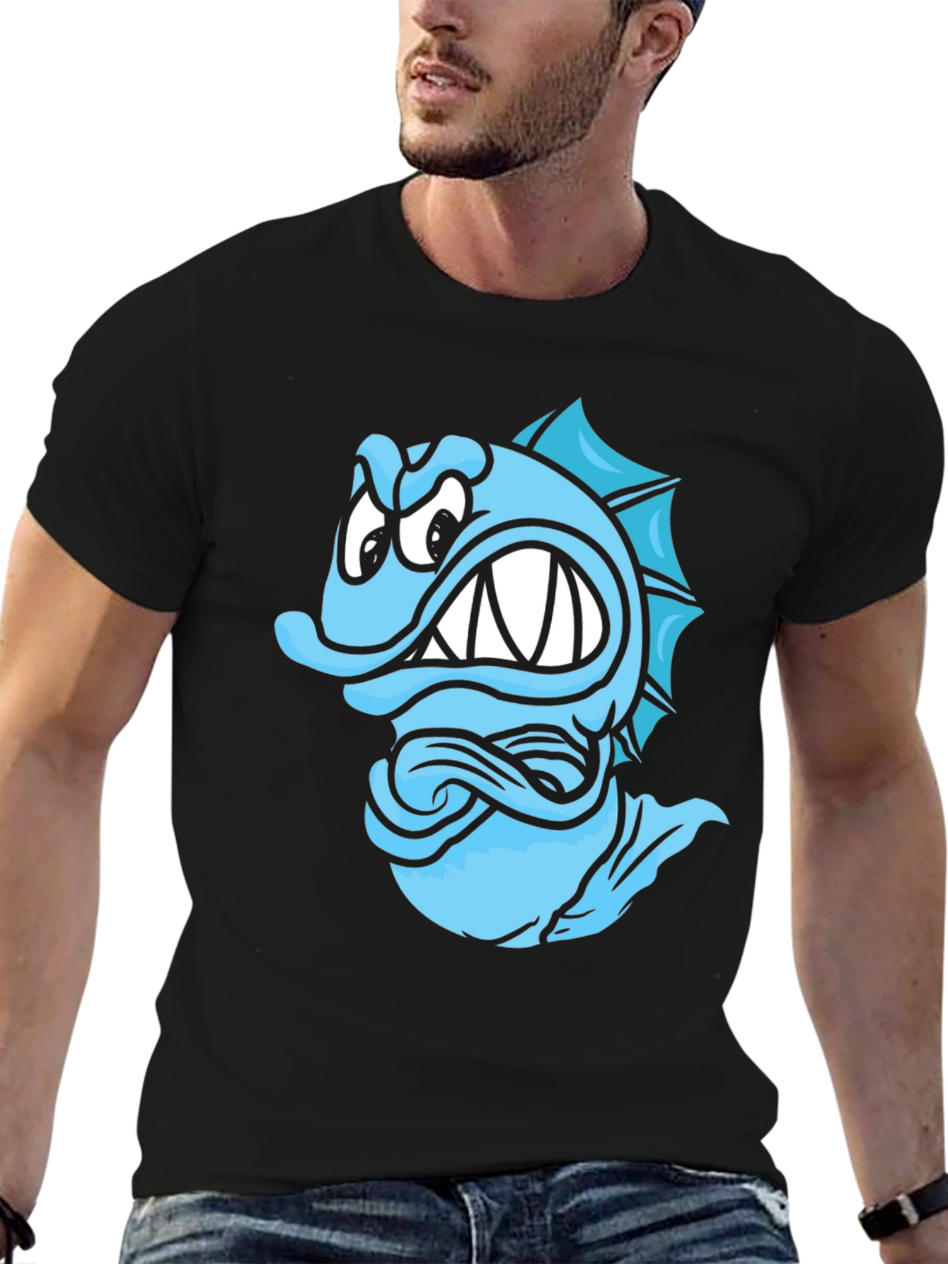 Angry Blue Fish Graphic T-Shirt