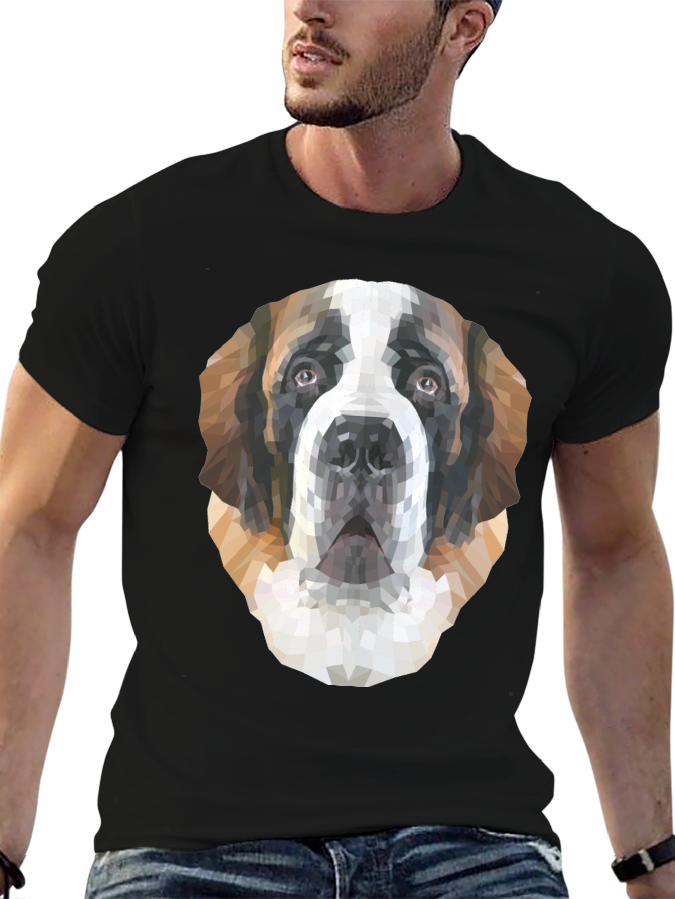 Geometric St. Bernard Dog Graphic T-Shirt - Black