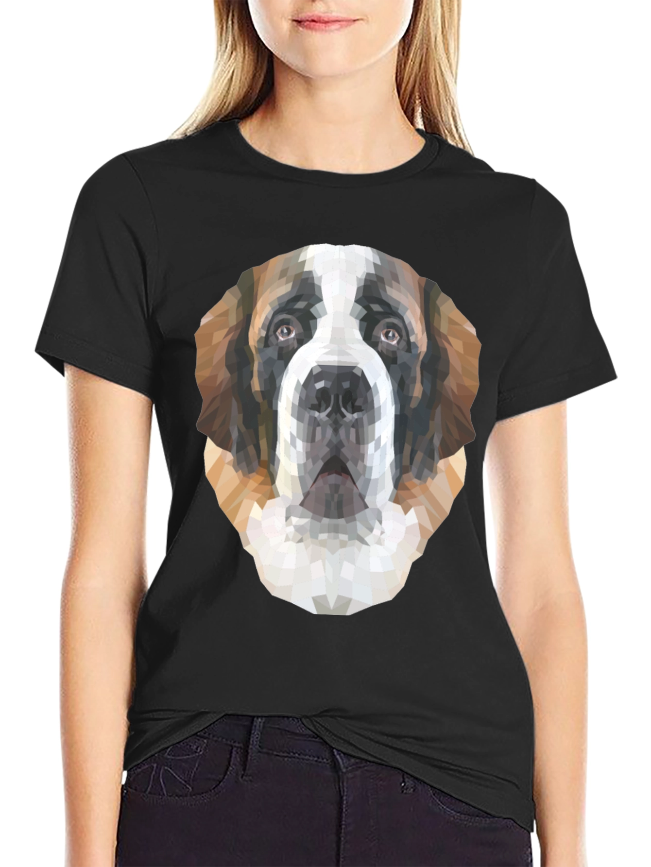 Geometric St. Bernard Dog Graphic T-Shirt - Black