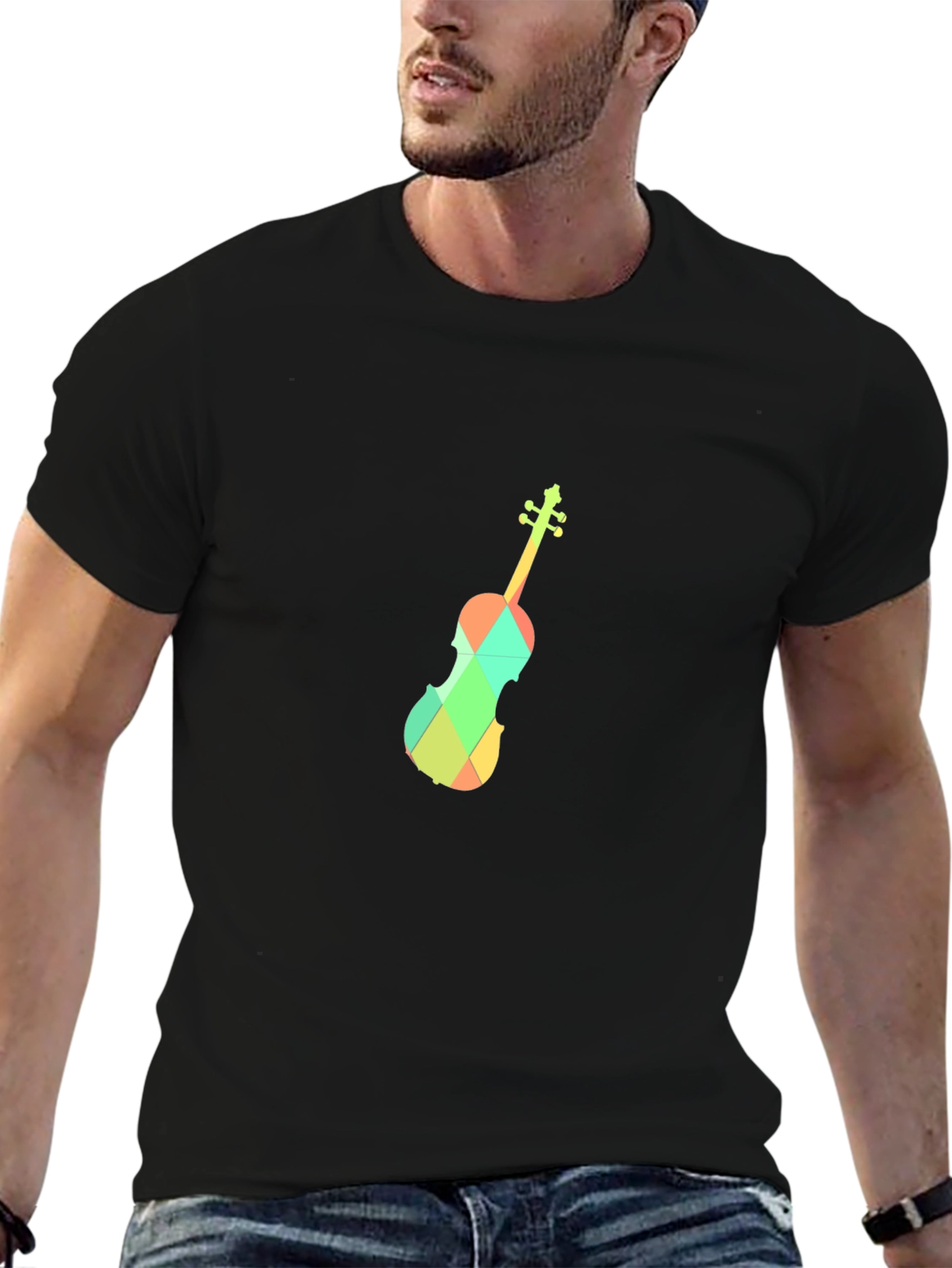 Geometric Violin Graphic Tee - Black Cotton Blend
