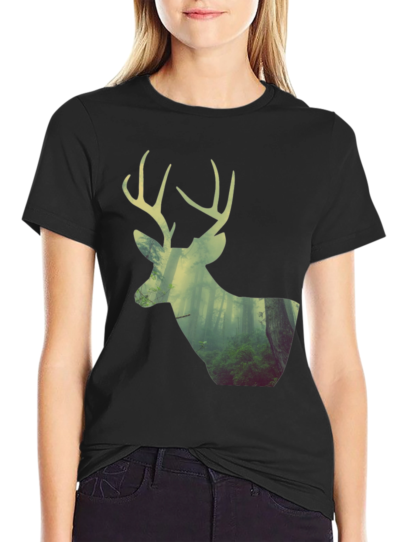 Deer Forest Graphic Print Black T-Shirt