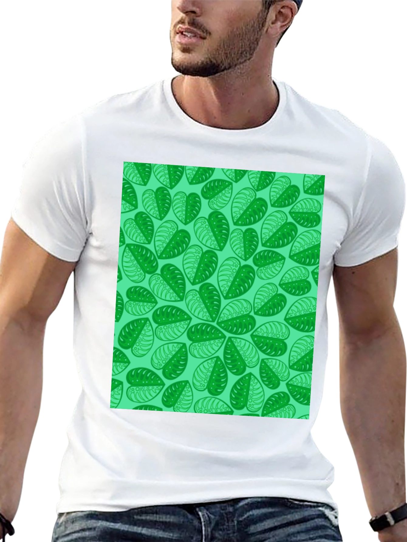 Green Leaf Print Black T-Shirt